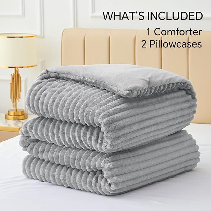 BEDELITE Fleece Queen Comforter Set -Super Soft & Warm Fluffy Light Grey Bedding - Image 6