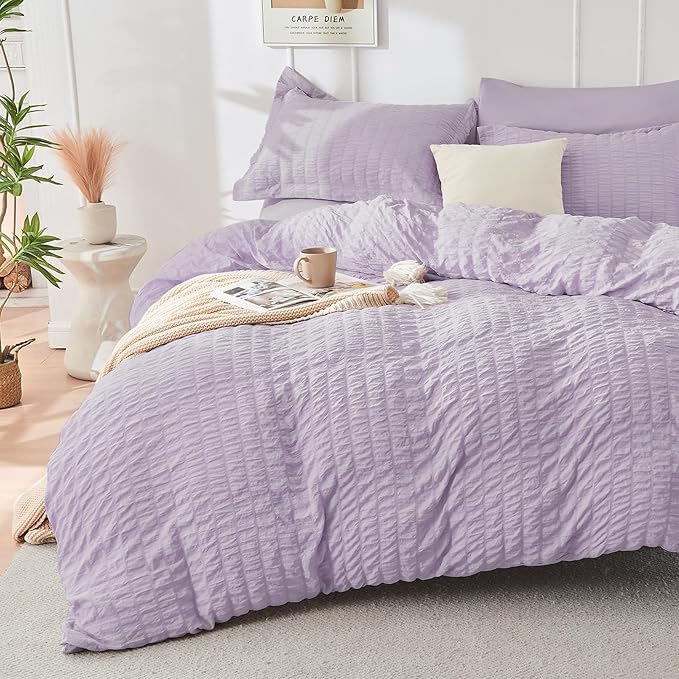 HYMOKEGE Lavender Duvet Cover King Size, Ultra Soft 3-Piece Seersucker Duvet by HYMOKEGE