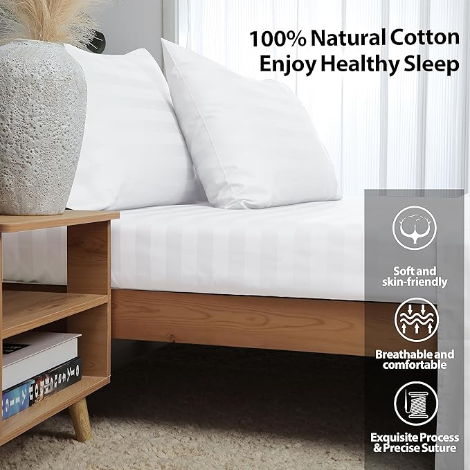 Twin XL Size Striped Fitted Sheet Only White Color, 100% Egyptian Cotton 600 - Image 2