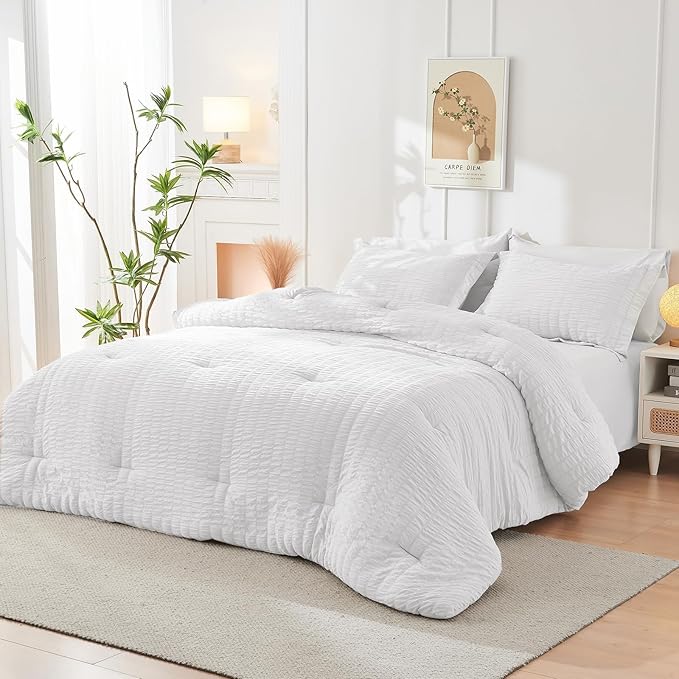 HYMOKEGE White King Size Comforter Set Seersucker 7 Pieces, All Season Luxury - Image 8