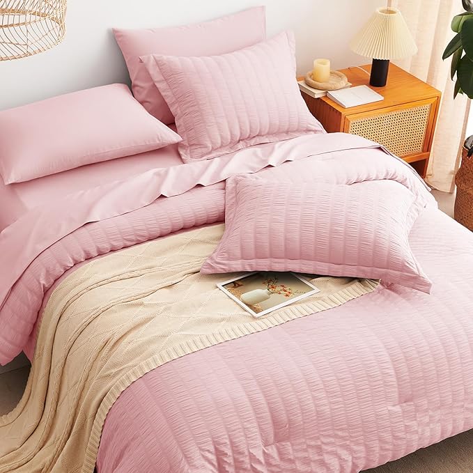 CozyLux King Size Comforter Set Pink Seersucker 7 Pieces Bed in a Bag King - Image 6