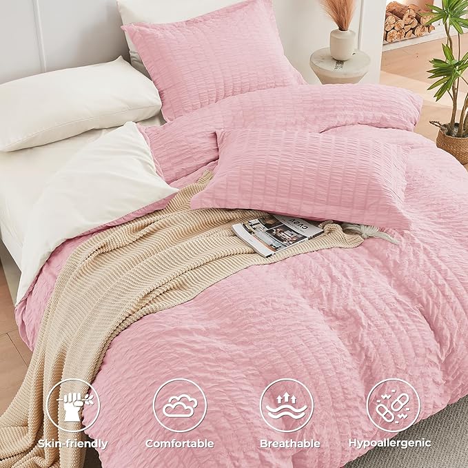 HYMOKEGE Pink/Ivory Twin XL Comforter Set Seersucker 5 Pieces, All Season - Image 3