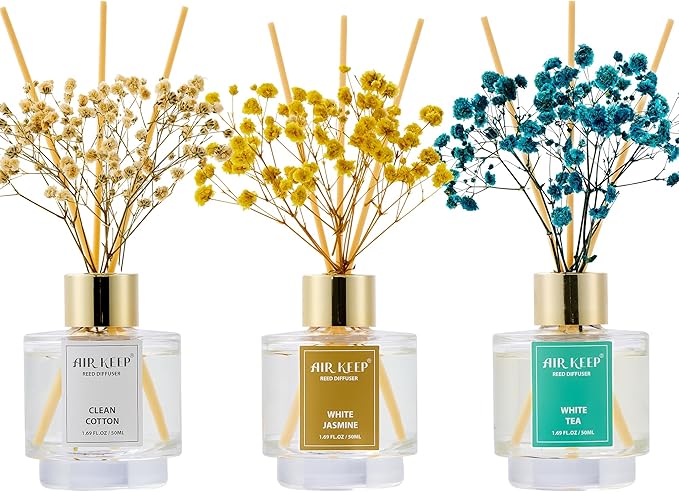 Airkeep Reed Diffuser Set of 3, Clean Cotton White Jasmine White Tea Oil Reed by Airkeep