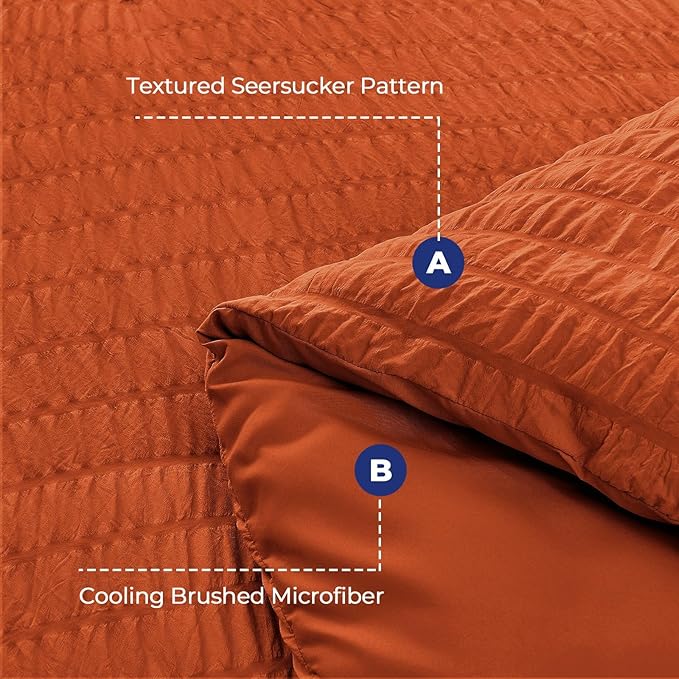 HYMOKEGE Burnt Orange Duvet Cover Queen Size, Ultra Soft 3-Piece Seersucker - Image 3