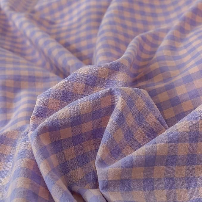 mixinni Purple Gingham Grid Duvet Cover Queen, 100% Washed Cotton Modern - Image 5