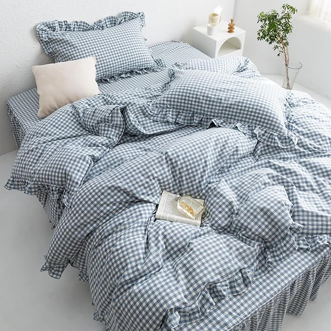mixinni Blue White Gingham Ruffle Duvet Cover Full Size 3 Pieces – 100% Washed - Image 3