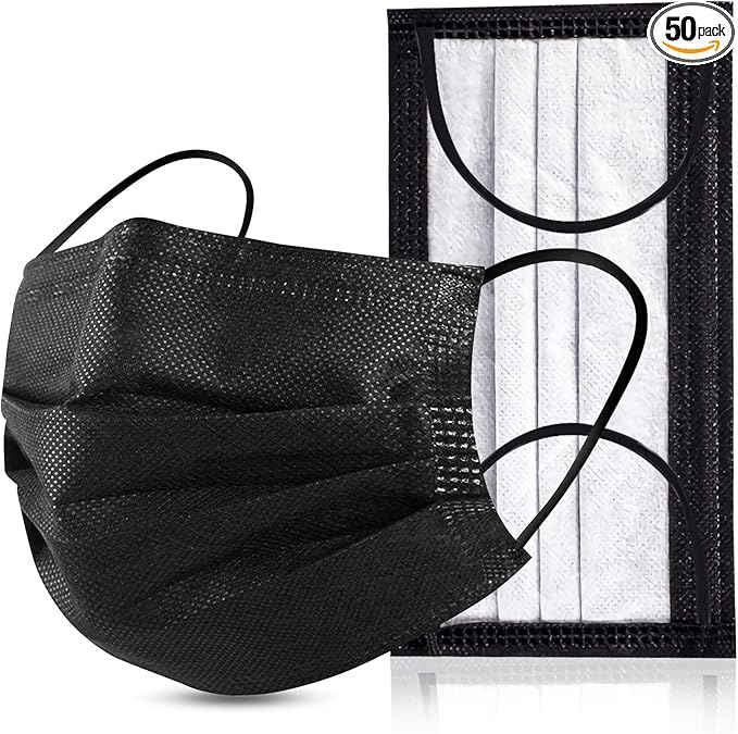Black Disposable Face Masks 4 Layers Protection 50Pcs, Breathable Dust Mask by YJIAKA