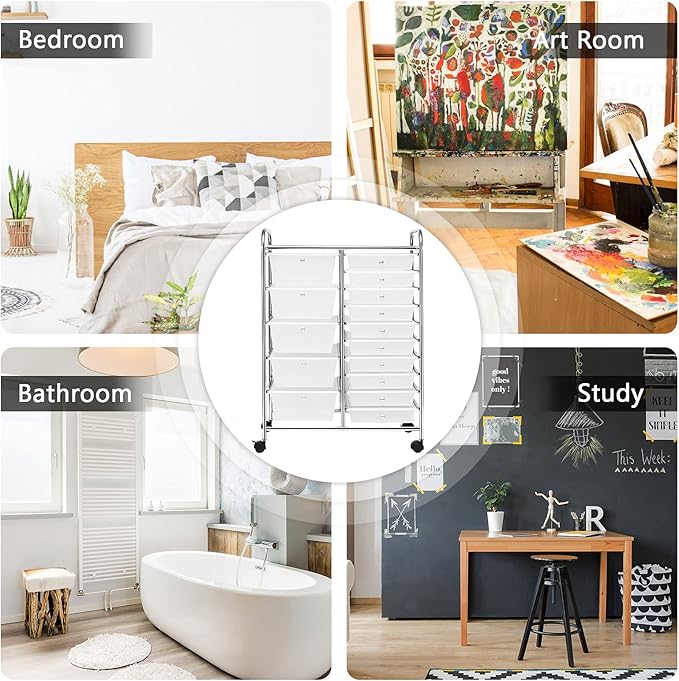 GOFLAME 15-Drawer Rolling Storage Cart, Craft Storage Cart with Removable Drawers & Lockable Wheels, Art Cart Supply Storage Organizer for Home Office Classroom, Clear