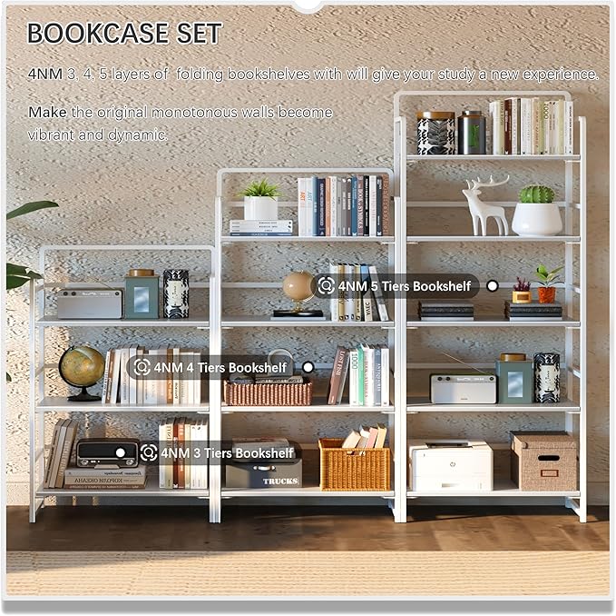 4NM No Assembly 5 Tiers Folding Bookshelf Storage Shelves Vintage Bookcase Standing Racks Study Organizer Home Office (All White)