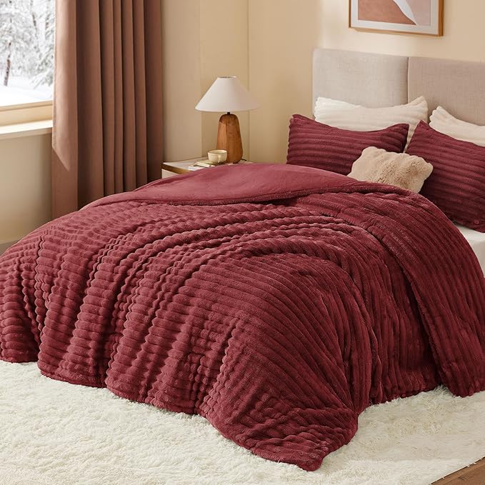 BEDELITE Fleece Queen Comforter Set -Super Soft & Warm Fluffy Burgundy Bedding - Image 3