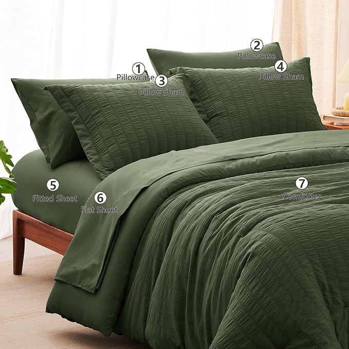 CozyLux Oversized Queen Comforter Set Olive Green Seersucker 7 Pieces 98x98 Bed - Image 8