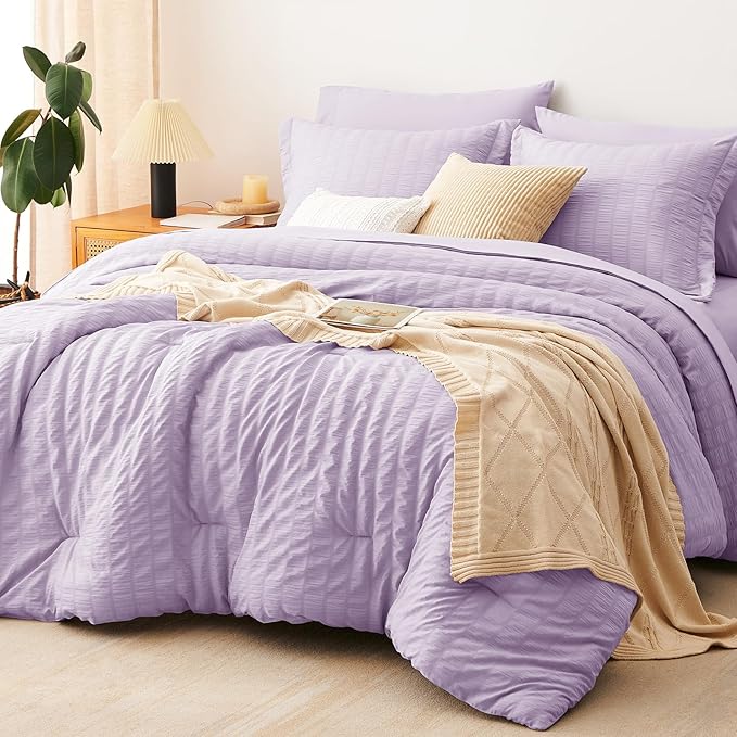 CozyLux Queen Comforter Set Light Purple Seersucker 7 Pieces Bed in a Bag Queen by CozyLux