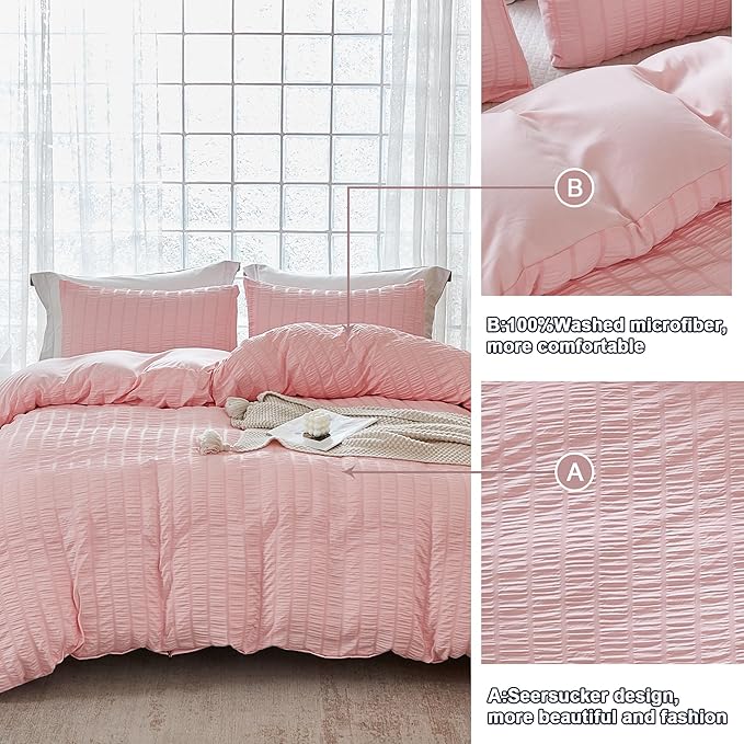 AveLom Blush Pink Seersucker Duvet Cover Set King Size, 3 Pieces, Ultra Soft - Image 5