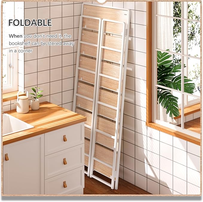 4NM No Assembly 6 Tiers Folding Bookshelf Storage Shelves Vintage Bookcase Standing Racks Study Organizer Home Office (Natural White)