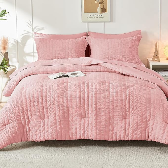 HYMOKEGE Rose Pink Queen Comforter Set Seersucker 7 Pieces, All Season Luxury - Image 8