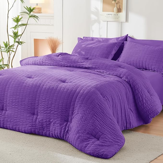 HYMOKEGE Bright Purple Queen Comforter Set Seersucker 7 Pieces, All Season - Image 9