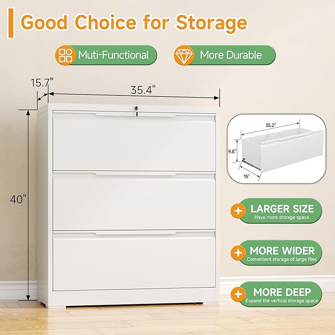 LONGLINK 3 Drawer Lateral File Cabinets with Lock,Metal Filing Cabinet for Home Office,Wide Office Storage Cabinet with Hanging Bars for A4 Legal/Letter Size(White-Easy Assembly)