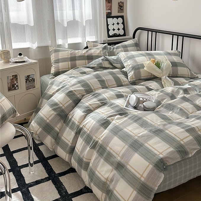 mixinni Green Grid Duvet Cover Set Twin by mixinni