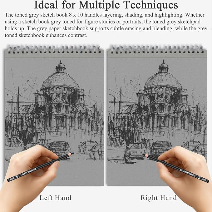 Fuxi Toned Gray Sketchbook 8x10, 60 Sheets (85lb/130gsm) Acid-Free Drawing Paper, Spiral Bound Sketch Pads for Drawing, Pencil, Charcoal, Colored Pencils & Anime Illustration.