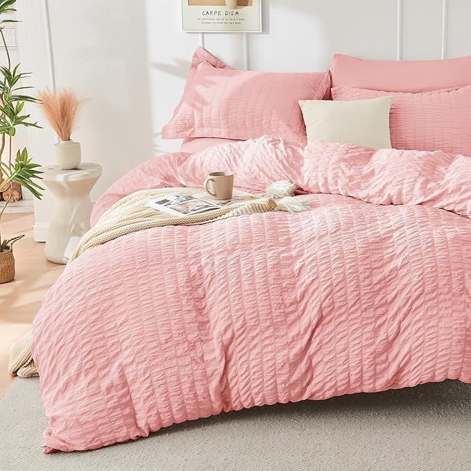 HYMOKEGE Rose Pink King Size Comforter Set Seersucker 7 Pieces, All Season - Image 2