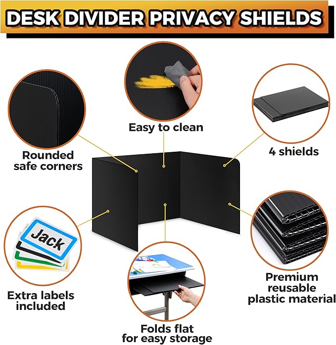 4-Pack Desk Dividers for Students - Durable & Waterproof Plastic Study Carrel Divider, Classroom Folders Teacher Supplies, Easy-to-Clean Plastic Privacy Shield Folder Boards for Student Desks, Black