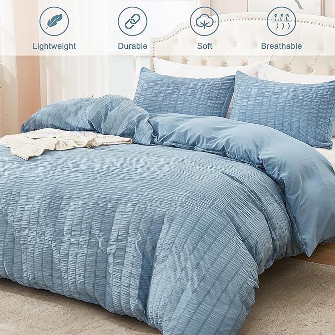 AveLom Grayish Blue Duvet Cover Cal King, 3 Pieces, Seersucker Striped Soft - Image 2