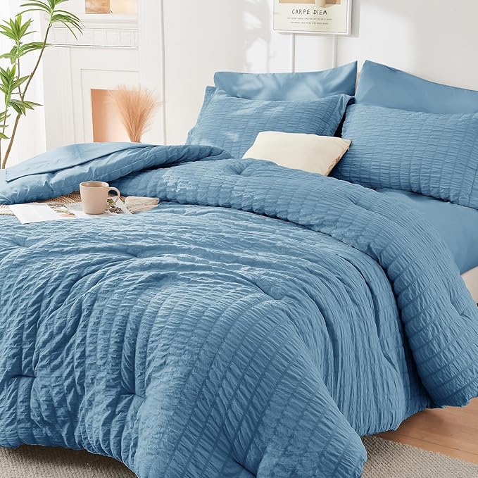 HYMOKEGE Mineral Blue King Size Comforter Set Seersucker 7 Pieces, All Season by HYMOKEGE