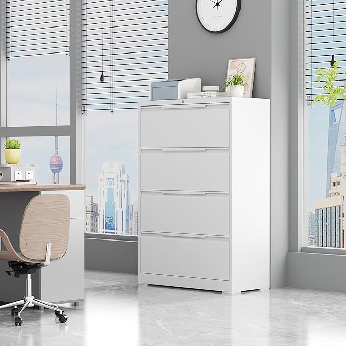LONGLINK 4 Drawer Lateral File Cabinets with Lock,Metal Filing Cabinet for Home Office,Wide Office Storage Cabinet with Hanging Bars for A4 Legal/Letter Size(White-Easy Assembly)