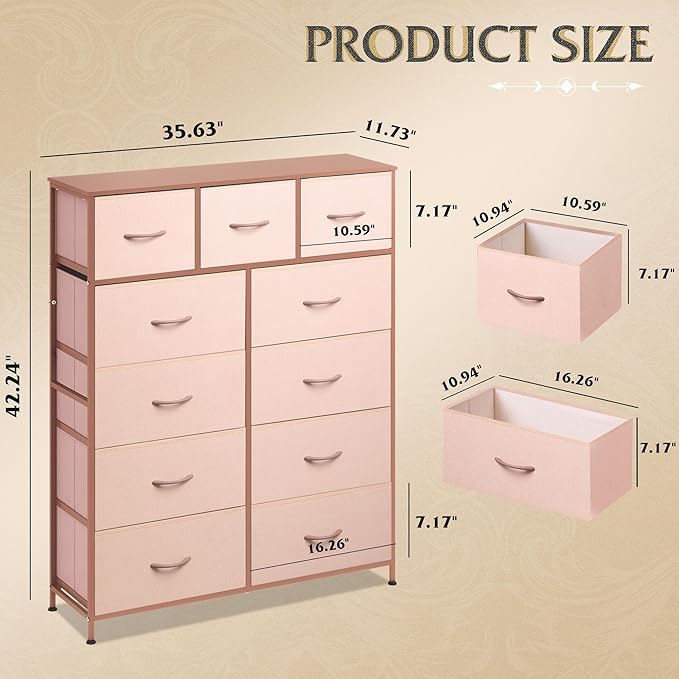 WLIVE Tall Dresser for Bedroom, Fabric Dresser Storage Tower, Chest of Drawers Organizer Unit with 11 Drawers, Storage Cabinet, Hallway, Closets, Steel Frame, Wood Top, Pink