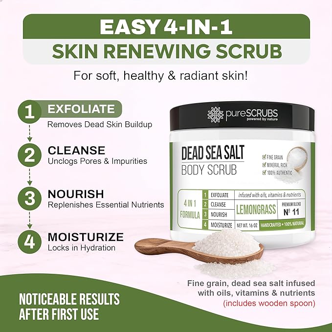 pureSCRUBS Premium Lemongrass Dead Sea Salt Body Exfoliator Scrub, Full - Image 3