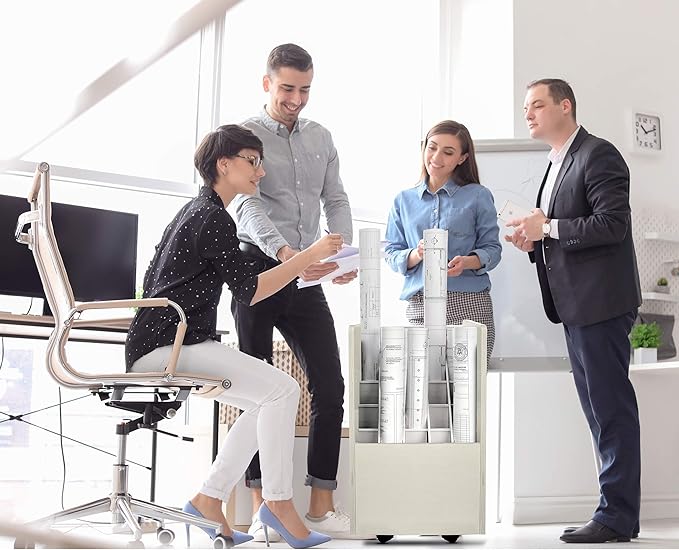 AdirOffice Adir Blue Print Storage Organizer - Mobile Roll File Cart, Construction Plan Holders, Blueprint Cabinet with Wheels, Roll Files Storage for Office and Home (20 Slots, White)