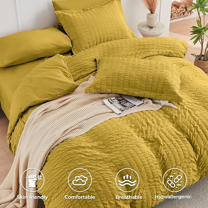HYMOKEGE Mustard Yellow Twin Comforter Set Seersucker 5 Pieces, All Season - Image 3