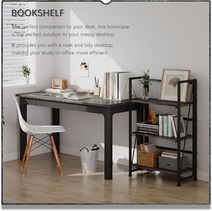 4NM No Assembly Folding Bookshelf Storage Shelves 3 Tiers Vintage Bookcase Standing Racks Study Organizer Home Office (Gray Black)