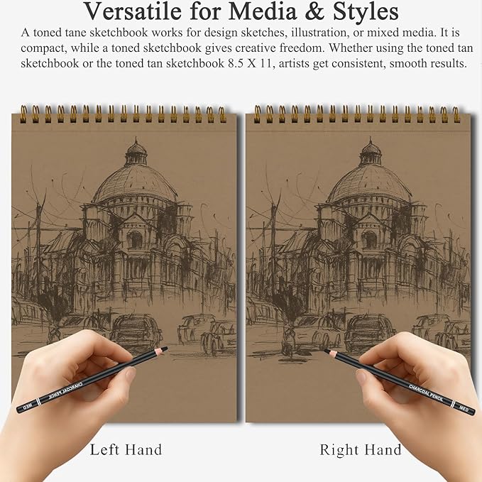 Fuxi Toned Tan Sketchbook 8.5x11, 60 Sheets Acid- Free Tan Paper, Spiral Bound Sketch Book, Hardcover | Ideal for Artists, Students & Classrooms.