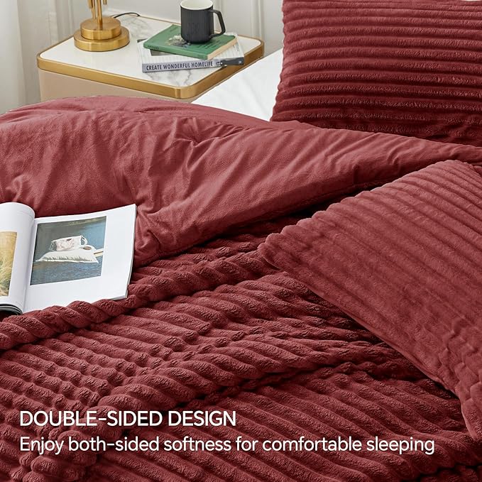 BEDELITE Fleece Queen Comforter Set -Super Soft & Warm Fluffy Burgundy Bedding - Image 4