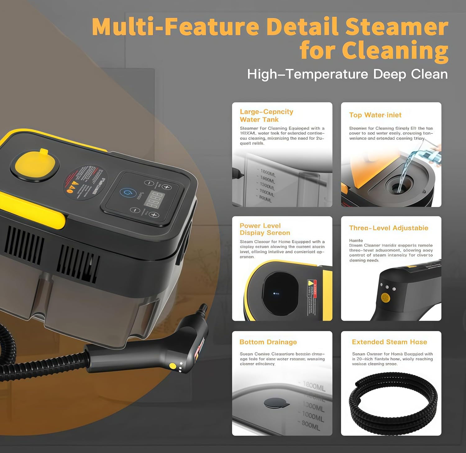 Handheld Pressurized Steam Cleaner， 6-Level Adjustable Handle 20s Heat-Up Big Tank, Portable Steamer for Cleaning Stubborn Dirt Grease Tile Grout Floor Car (Black/Yellow)