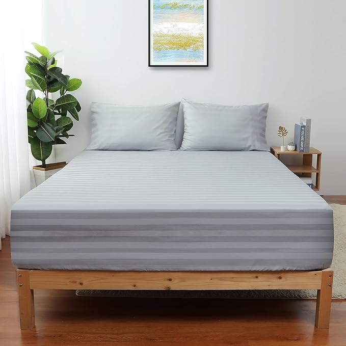Full Size Striped Fitted Sheet Only Gray Color, 100% Egyptian Cotton 600 Thread by ShunjieHome