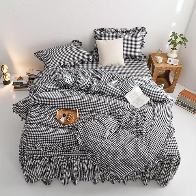 mixinni Black White Gingham Ruffle Duvet Cover Queen Size 3 Pieces – 100% - Image 2