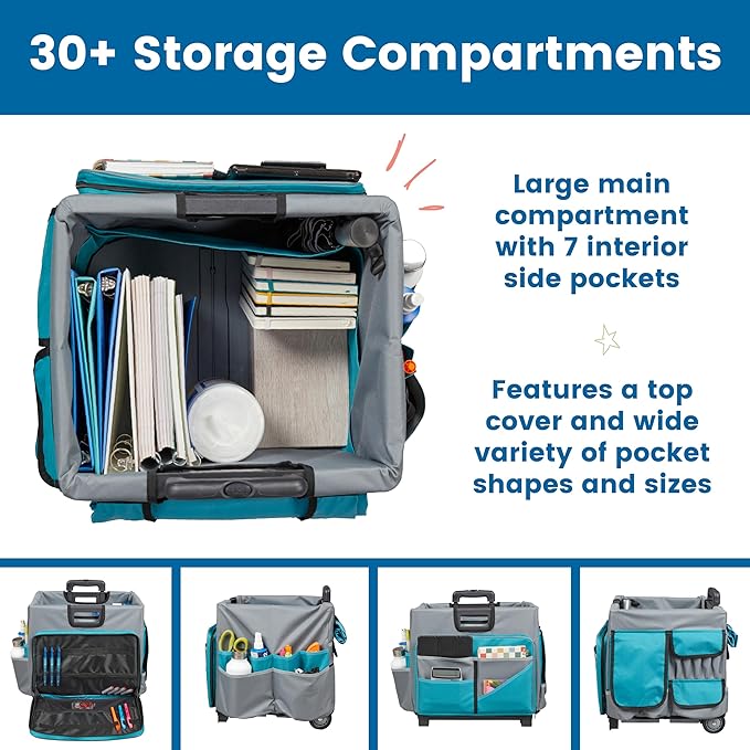 ECR4Kids Universal Rolling Cart with Canvas Organizer Bag, Mobile Storage, Turquoise/Grey