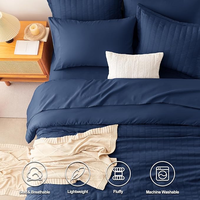 CozyLux King Size Comforter Set Navy Blue Seersucker 7 Pieces Bed in a Bag King - Image 2