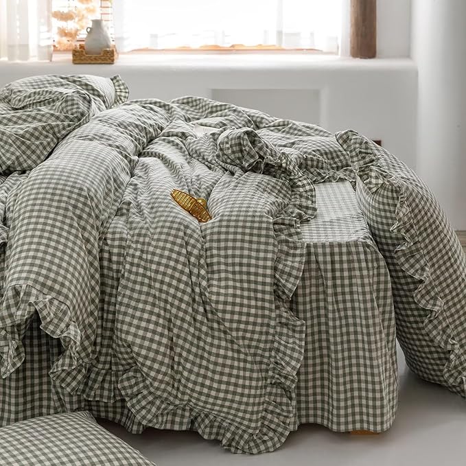 mixinni Green Gingham Ruffle Duvet Cover Full Size 3 Pieces – 100% Washed Cotton - Image 6