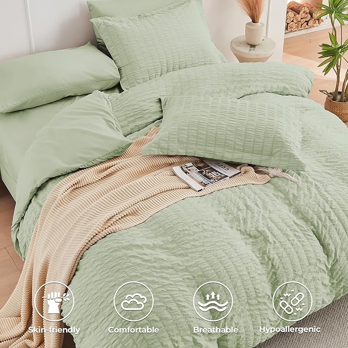 HYMOKEGE Light Green King Size Comforter Set Seersucker 7 Pieces, All Season - Image 3