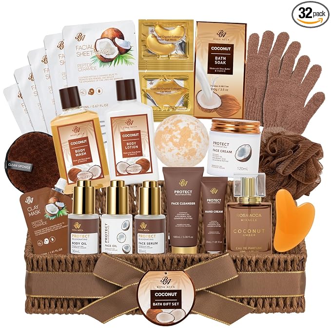 32 Pcs Mother's Day Gift for Mom, Coconut Vanilla Spa Gift Basket Set for Women by RAROSAACCA