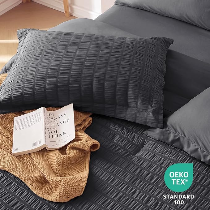 MUXHOMO 7 Pieces Queen Comforter Set, Seersucker Bed in a Bag Queen Size - Image 9