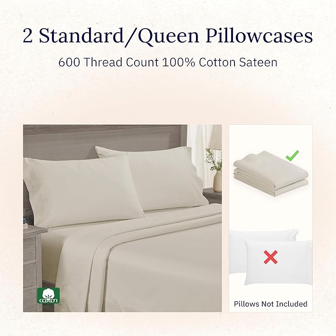 Luxuriously Soft Premium 600 Thread Count, 100% Cotton Set of 2 Cases, Crisp - Image 4