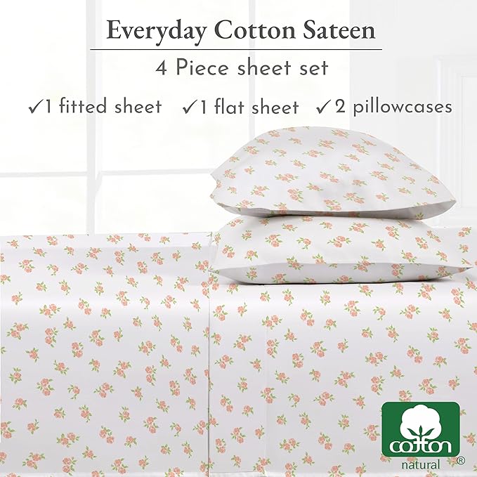 California Design Den Floral Pattern Bed Sheet Set Queen Size, 100% Cotton - Image 6