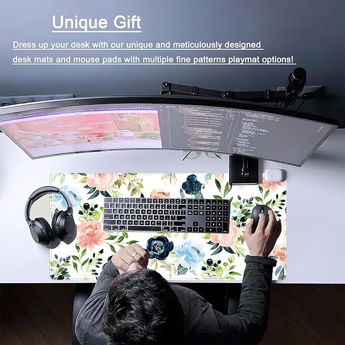 Pink Blue Floral Desk Mat Mousepad Cute Flowers Mouse Pad Gaming XL Large Extended Desk Pad Desk Matt for Desktop, Computer Laptop Keyboard Mouse Mat for Women Office Decor Accessories 31.5x15.7 in