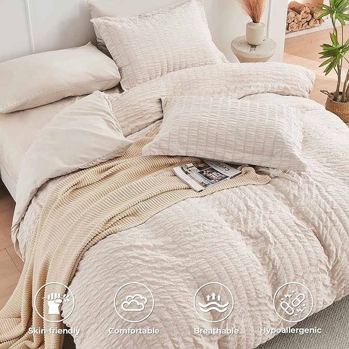 HYMOKEGE Beige Full Size Comforter Sets Seersucker 7 Pieces, All Season Luxury - Image 4