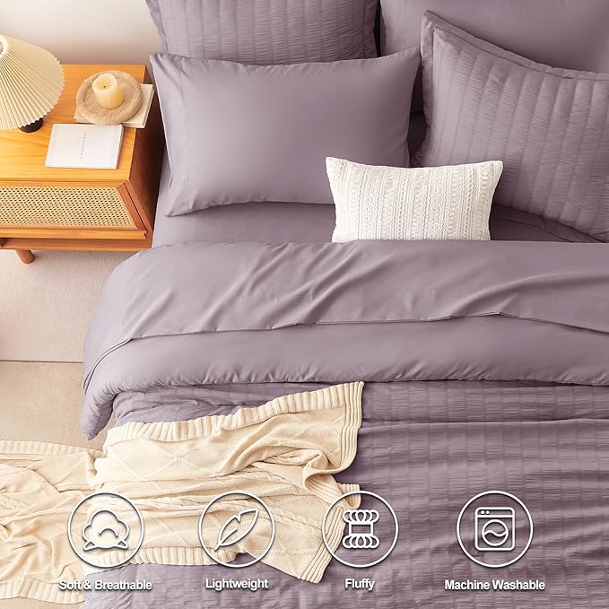 CozyLux Oversized Queen Comforter Set Dusty Purple Seersucker 7 Pieces 98x98 - Image 2