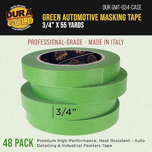 Dura-Gold Green Automotive Masking Tape 3/4 Inch (0.7 Inch x 55 Yards), Case of 48 Rolls - Premium High-Performance, Heat Resistant - Auto Refinish Painting, Car Detailing, Autobody, Painters Tape